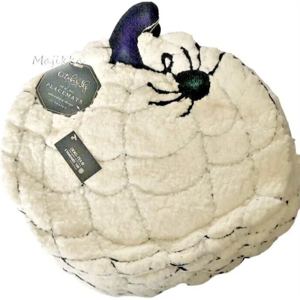 October Sky Halloween Sherpa Spider Web Placemats Embroidered White Set of 4